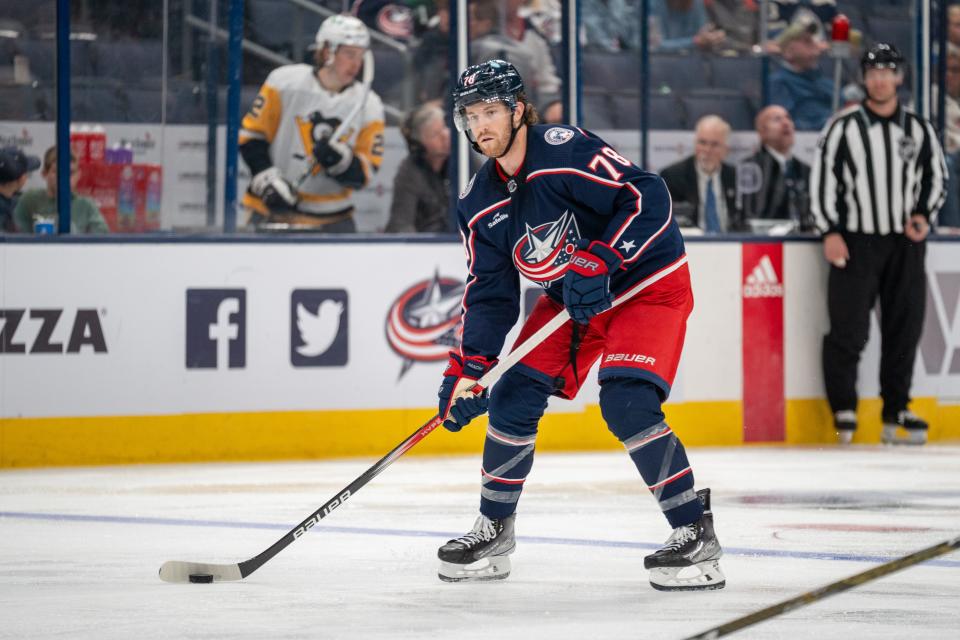 Sep 24, 2023; Columbus, OH, USA;
Columbus Blue Jackets defender Damon Severson (78) looks for an open teammate to pass to during their game against the Pittsburgh Penguins on Sunday, Sept. 24, 2023 at Nationwide Arena.