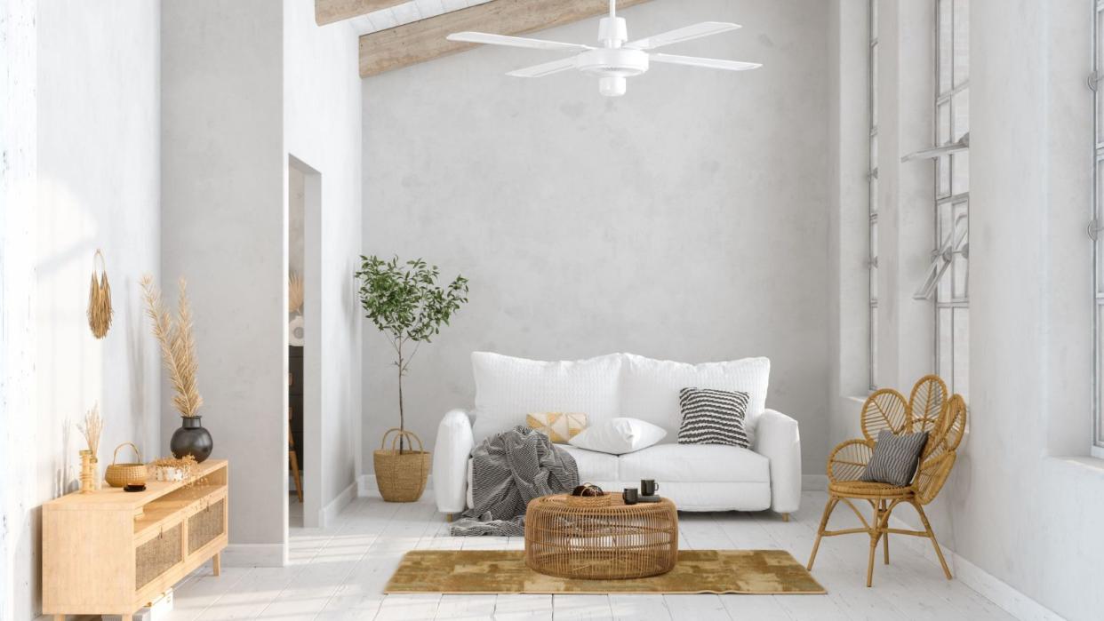  White minimalist living room, wooden cabinet and chair 