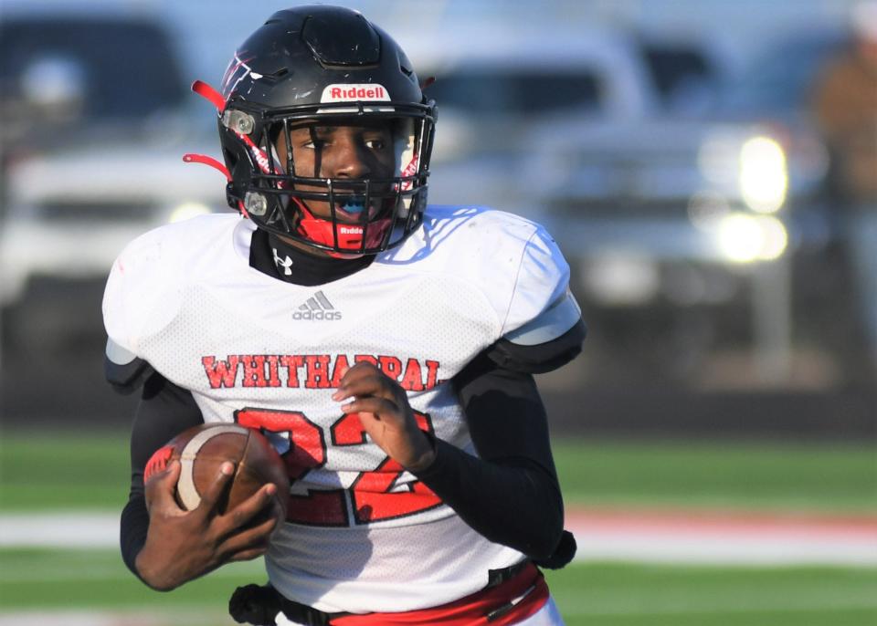 Whitharral's Shamadrick Weaver carries the ball against Balmorhea in the Region I-1A Division II final Saturday, Nov. 26, 2022, at Spieker Stadium in Hermleigh.