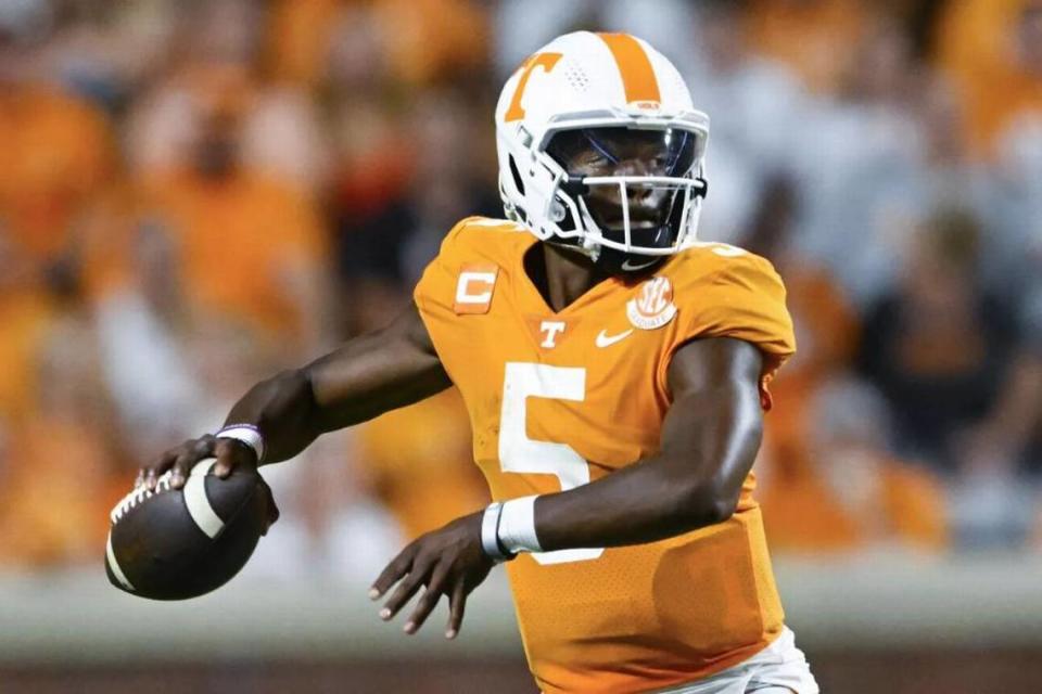 Tennessee quarterback Hendon Hooker was the 2022 Southeastern Conference offensive player of the year. He tore the anterior cruciate ligament in his knee late in the 2022 season.