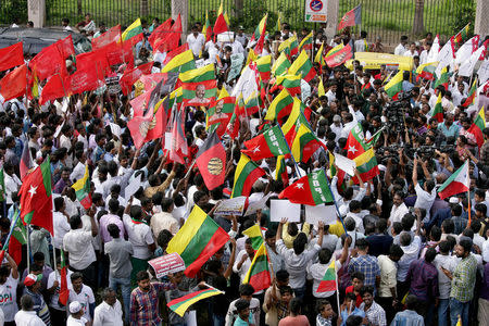 Demonstrators shout slogans during a protest, after at least 13 people were killed when police fired on protesters seeking closure of plant on environmental grounds in town of Thoothukudi in southern state of Tamil Nadu, in Chennai, India, May 24, 2018. REUTERS/P.Ravikumar