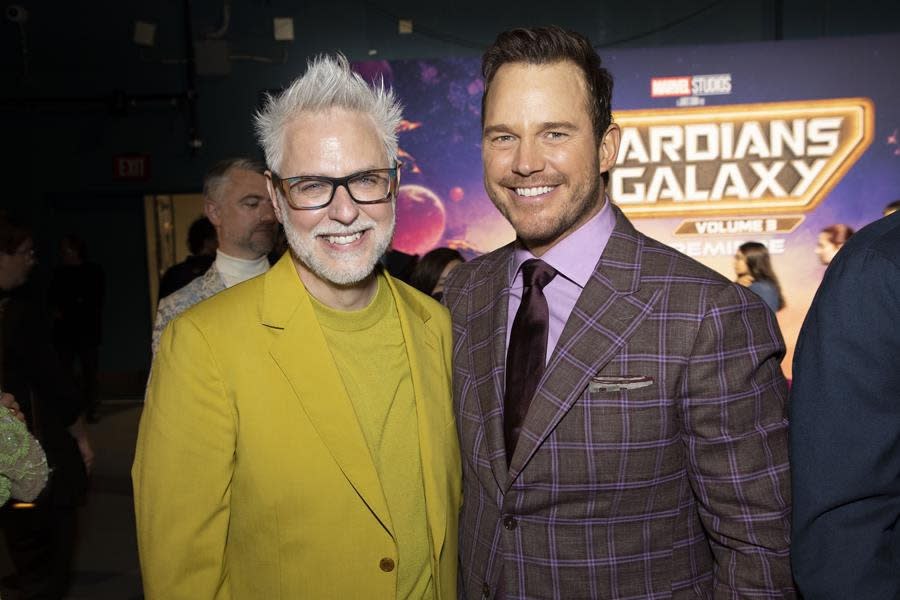 James Gunn and Chris Pratt attend the “Guardians of the Galaxy Vol. 3” premiere at the Dolby Theatre in Hollywood. (Alex J. Berliner/ABImages)