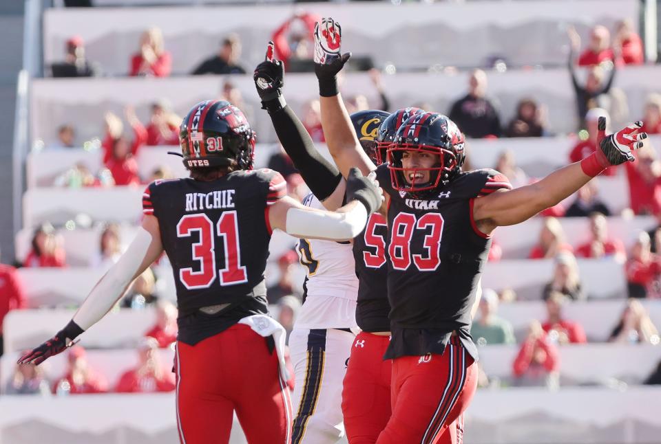 Utah Utes safety Nate Ritchie (31) celebrates his QB sack in Salt Lake City on Saturday, Oct. 14, 2023. Utah won 34-14. | Jeffrey D. Allred, Deseret News