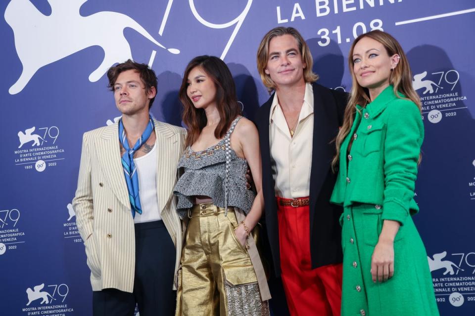 The cast of Don’t Worry Darling at a press conference during Venice Film Festival. Pugh was notably absent (AP)