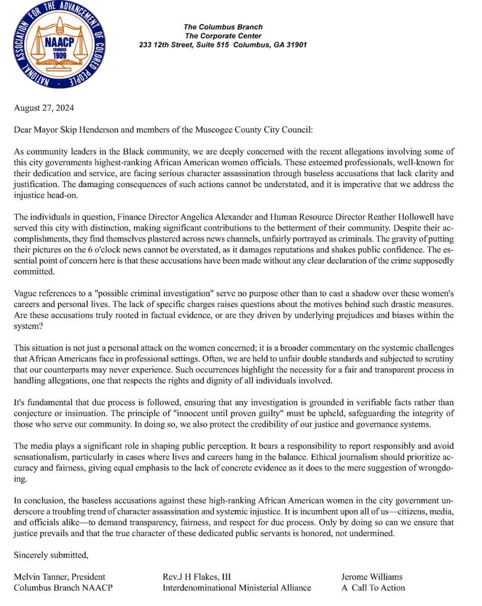 The NAACP, the Interdenominational Ministerial Alliance and A Call To Action issued a letter of support for Columbus Consolidated Government officials involved in a possible criminal investigation, calling the accusations unfair and a 