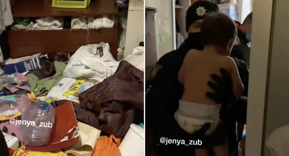 Inside a filthy Ukraine home is pictured and a boy, 2, is pictured being taken away by a police officer.