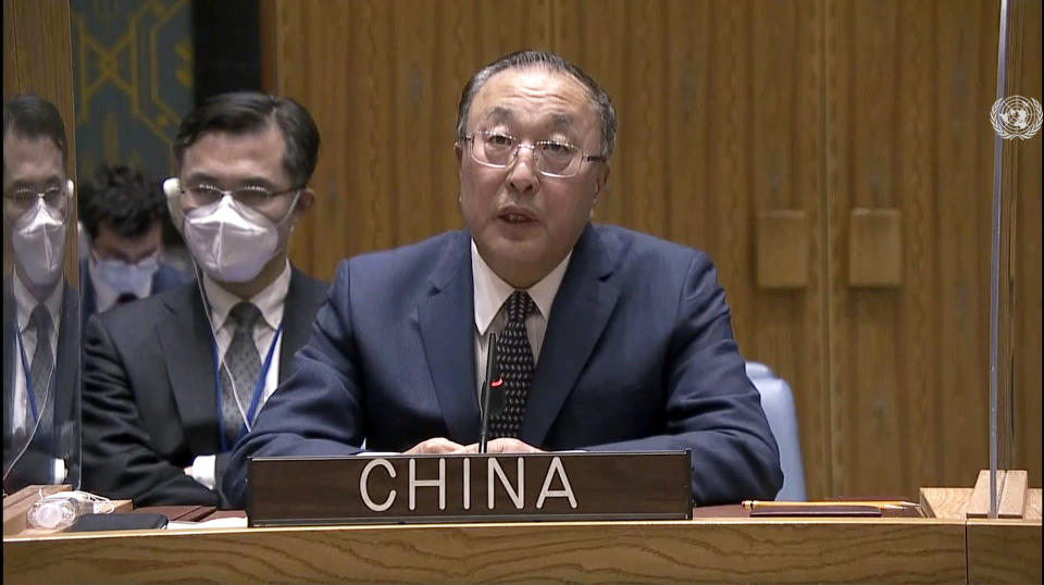 In this image made from UNTV video, China's Ambassador to the United Nations Zhang Jun speaks during an emergency U.N. Security Council meeting on Ukraine, at the U.N. headquarters, Monday, Feb. 21, 2022. (UNTV via AP)