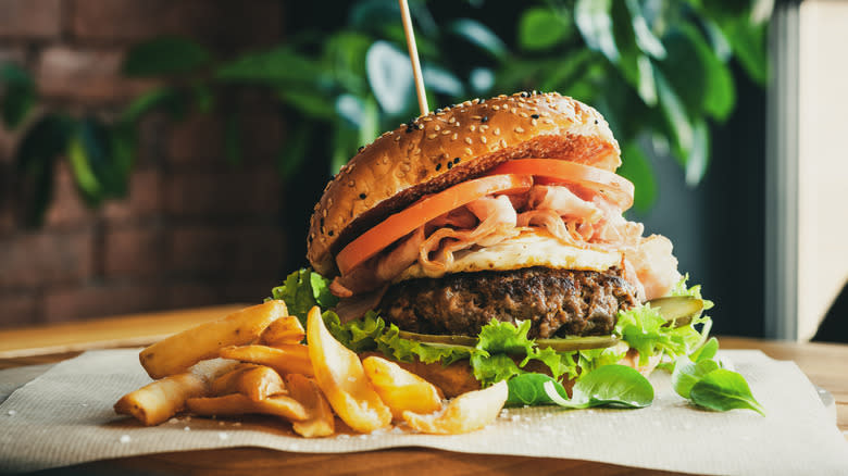 hamburger with toppings from restaurant