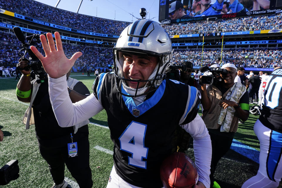 Carolina Panthers' Eddy Pineiro (4) celebrates after kicking the game-winning field goal after an an NFL football game against the Houston Texans, Sunday, Oct. 29, 2023, in Charlotte, N.C. (AP Photo/Rusty Jones)