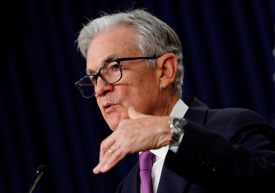 U.S. Federal Reserve Chairman Jerome Powell addresses a press conference after the release of the Fed policy decision to leave interest rates unchanged, at the Federal Reserve in Washington, U.S, September 20, 2023. REUTERS/Evelyn Hockstein