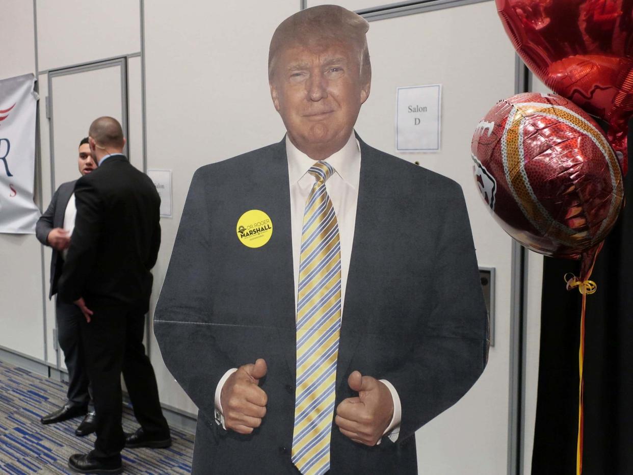 A cardboard cutout of Donald Trump at a Republican convention in Kansas: AP