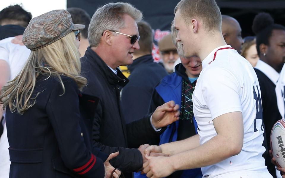 Louis Lynagh chats with his father, Michael, after playing for England U18s against France in 2019 - SHUTTERSTOCK