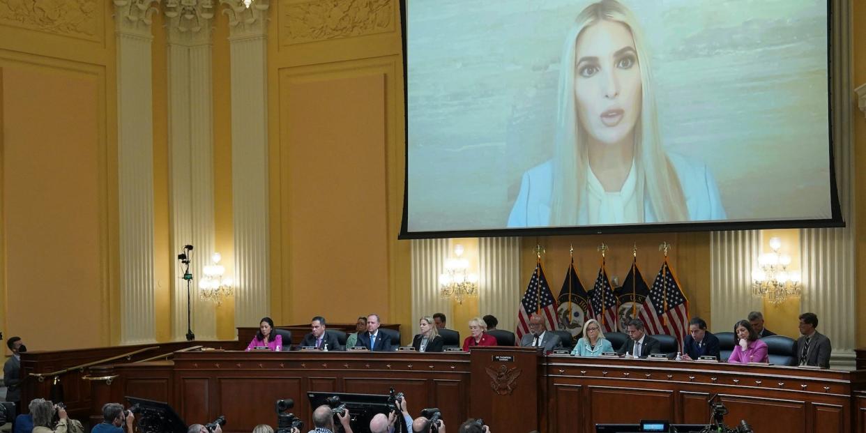 A video of Ivanka Trump speaking is displayed as the House select committee investigating the Jan. 6 attack on the U.S. Capitol continues to reveal its findings of a year-long investigation, at the Capitol in Washington, Monday, June 13, 2022.