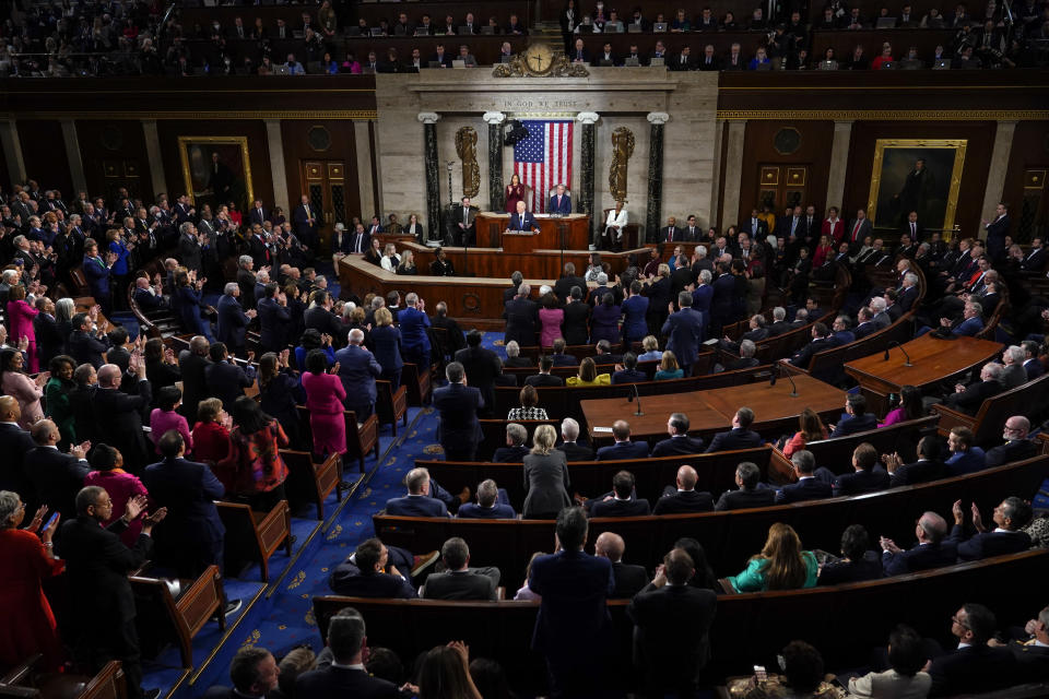 President Joe Biden delivers the State of the Union address to a joint session of Congress at the U.S. Capitol, Tuesday, Feb. 7, 2023, in Washington. (AP Photo/Patrick Semansky)