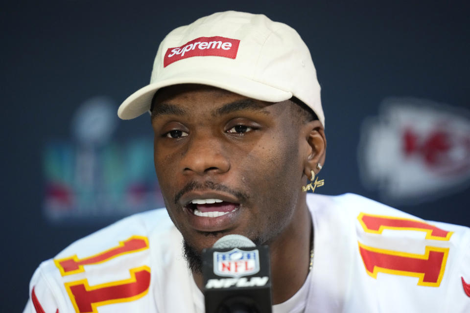 Kansas City Chiefs wide receiver Marquez Valdes-Scantling answers a question during an NFL football Super Bowl media availability in Scottsdale, Ariz., Tuesday, Feb. 7, 2023. The Chiefs will play against the Philadelphia Eagles in Super Bowl 57 on Sunday. (AP Photo/Ross D. Franklin)
