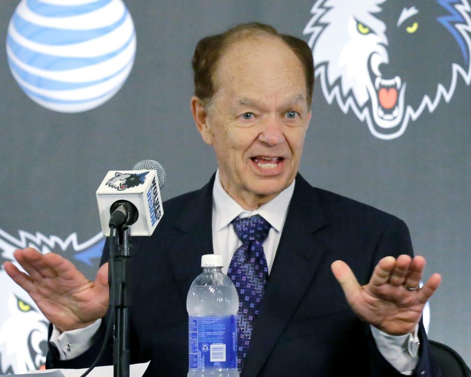 In this June 6, 2014, file photo, Minnesota Timberwolves team owner Glen Taylor speaks in Minneapolis. The first increment of the $1.5 billion sale of the Minnesota Timberwolves to e-commerce mogul Marc Lore and retired baseball star Alex Rodriguez was formally approved by the NBA in 2021.