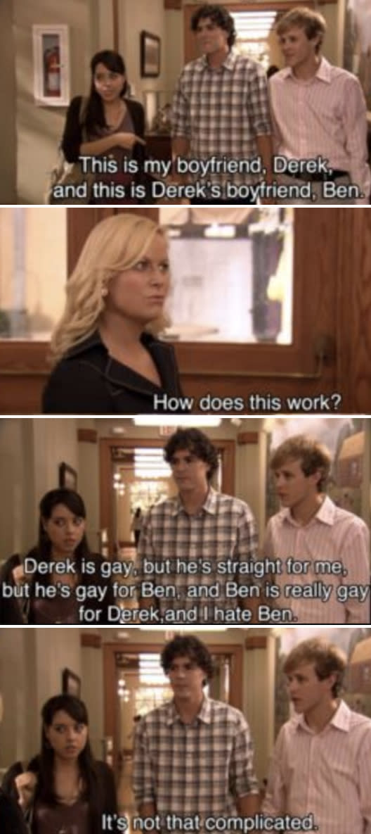 Aubrey Plaza and Amy Poehler on "Parks & Rec" in a scene in which Aubrey's character describes a relationship involving two men and her