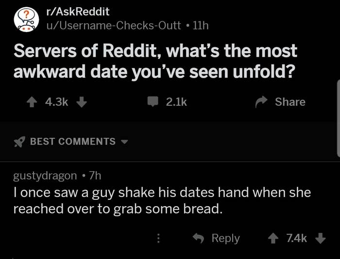 reddit comment reading i once saw a guy shake his dates hand when she reached over to grab some bread
