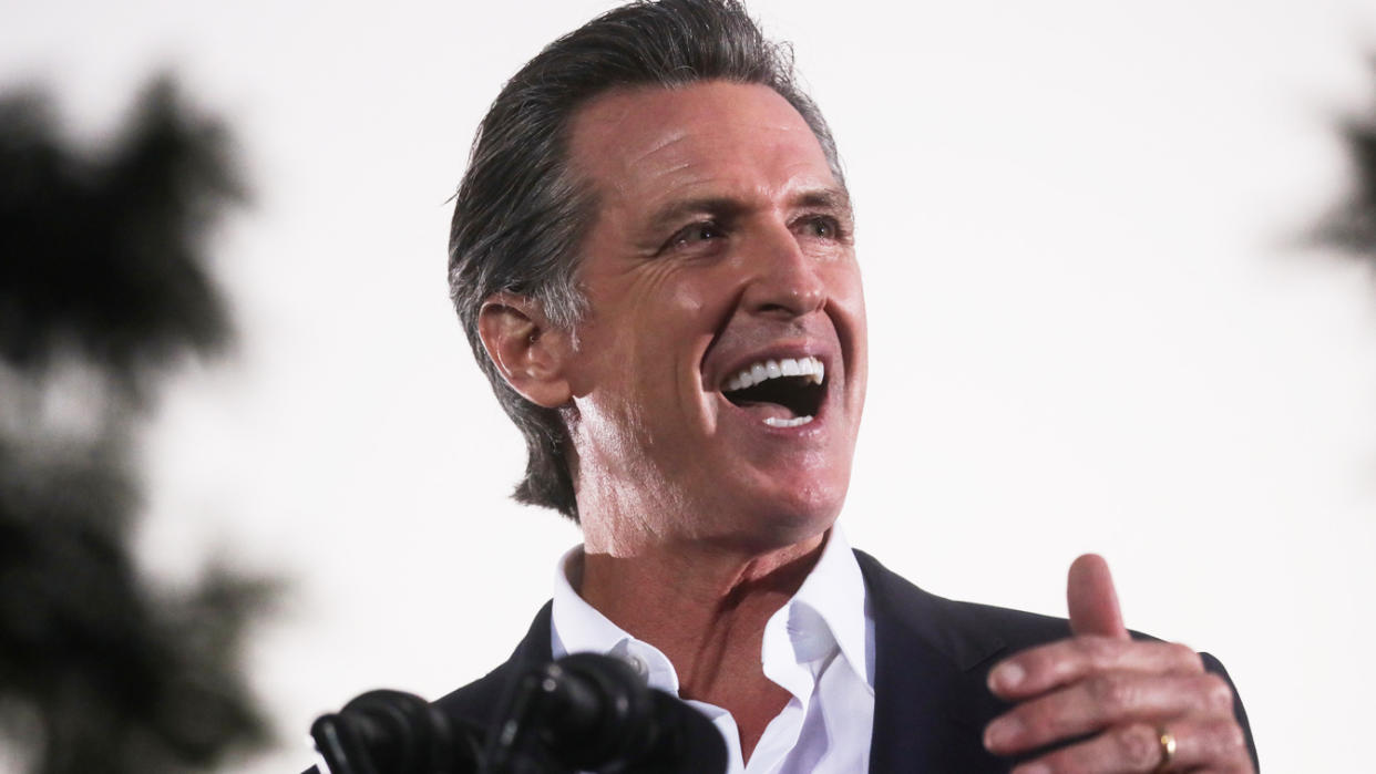 California Governor Gavin Newsom, who faces a September 14 recall election, speaks during a campaign event at Long Beach City College Liberal Arts Campus in Long Beach, California, U.S., September 13, 2021. 