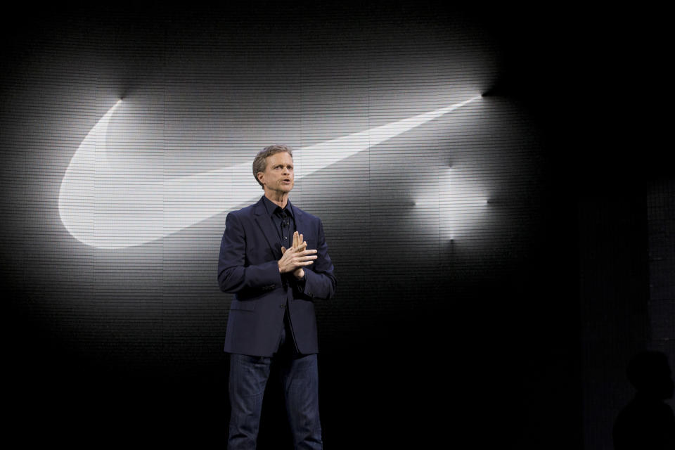 Nike CEO Mark Parker speaks during a news conference, Wednesday, March 16, 2016, in New York. (AP Photo/Mary Altaffer)