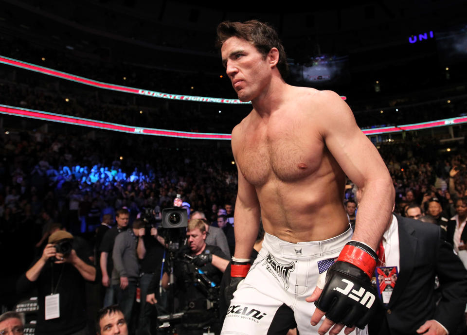 Chael Sonnen enters the octagon before his bout against Michael Bisping during the UFC on FOX event at United Center on January 28, 2012 in Chicago, Illinois. (Photo by Nick Laham/Zuffa LLC/Zuffa LLC via Getty Images)