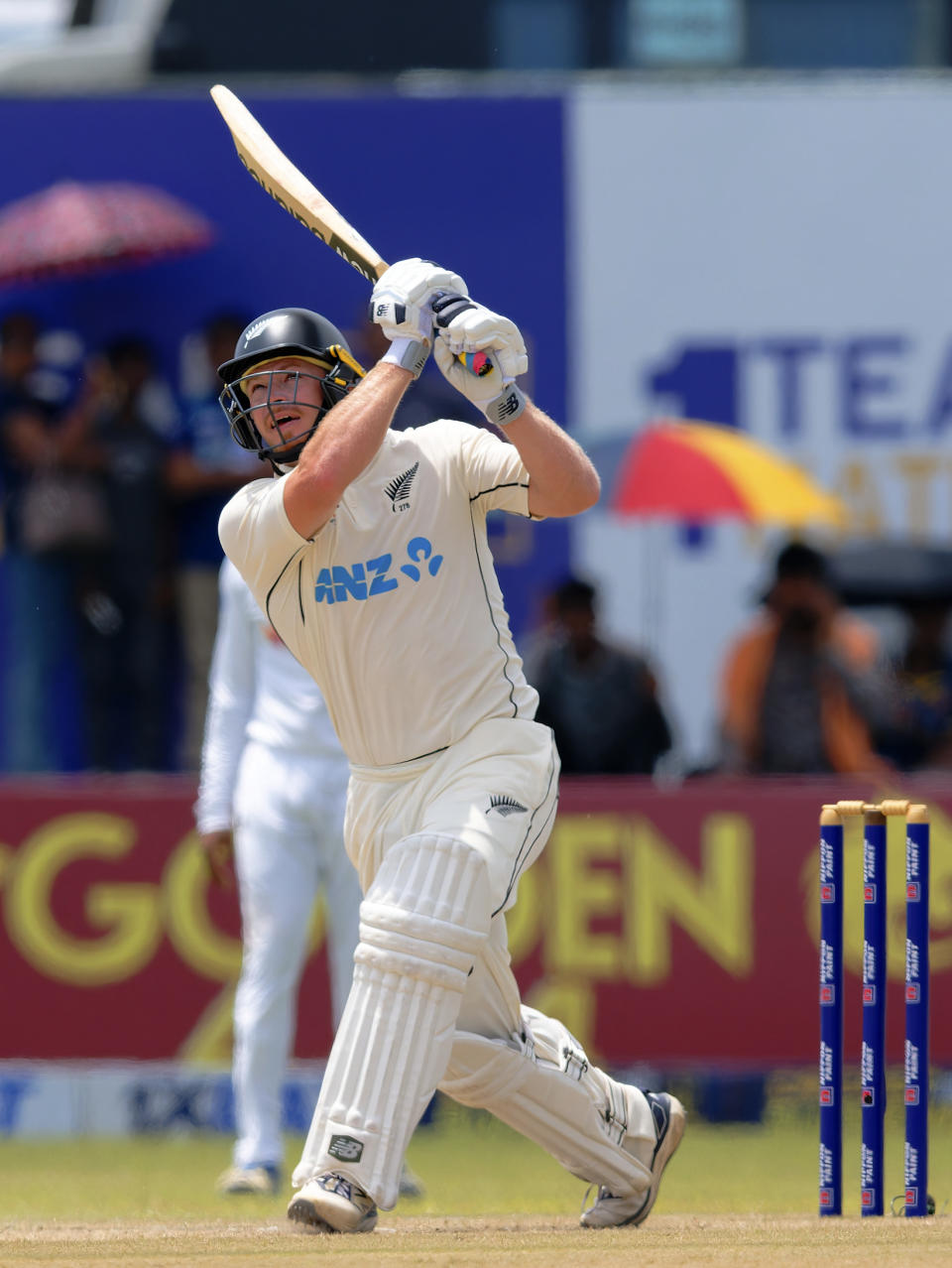 New Zealand's Glenn Phillips plays a shot on the third day of the first cricket test match between New Zealand and Sri Lanka in Galle, Sri Lanka, Friday, Sept. 20, 2024. (AP Photo/Viraj Kothalawala)