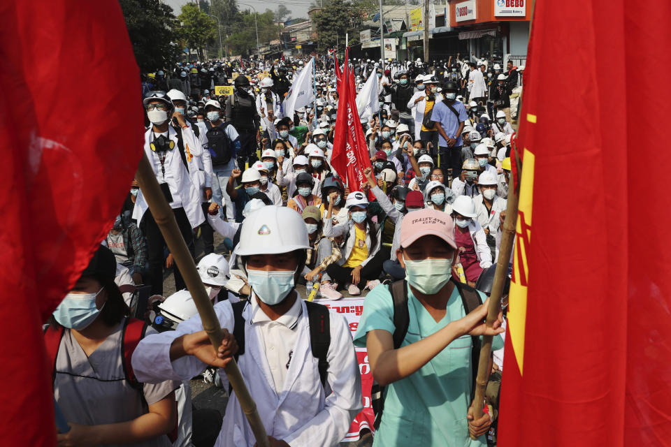 Protesters made up of teachers, medical students and other university students hold an anti-coup demonstration in Mandalay, Myanmar, Saturday, March 13, 2021. Myanmar's military seized power Feb. 1, hours before the seating of a new parliament following election results that were seen as a rebuff to the country's generals. (AP Photo)