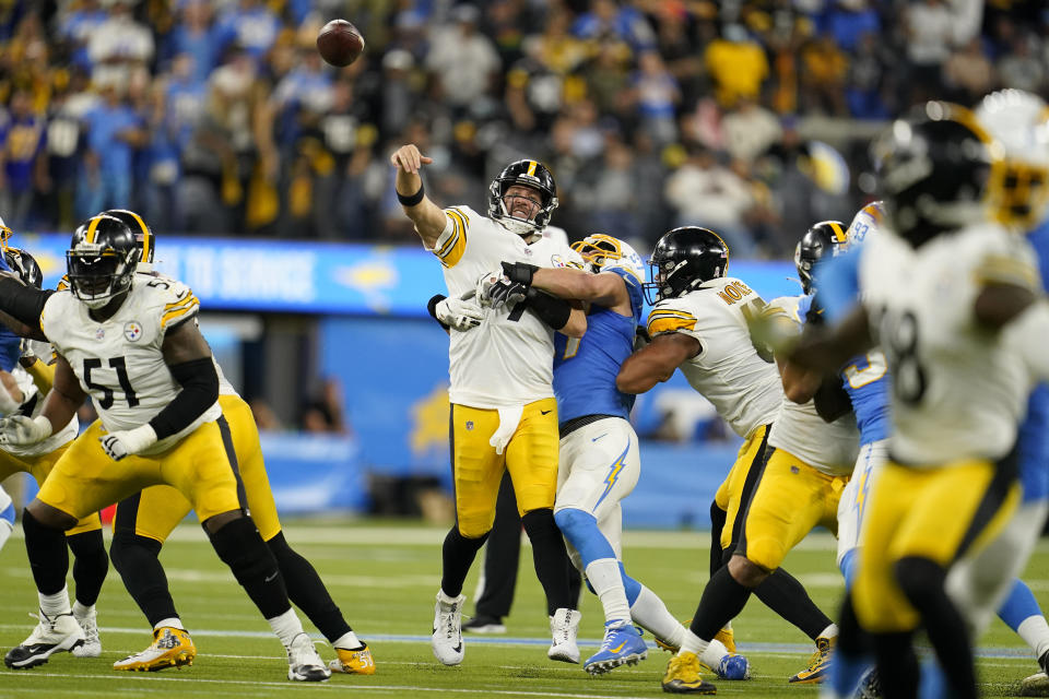Pittsburgh Steelers quarterback Ben Roethlisberger is sacked by Los Angeles Chargers defensive end Joey Bosa during the second half of an NFL football game Sunday, Nov. 21, 2021, in Inglewood, Calif. (AP Photo/Marcio Jose Sanchez)
