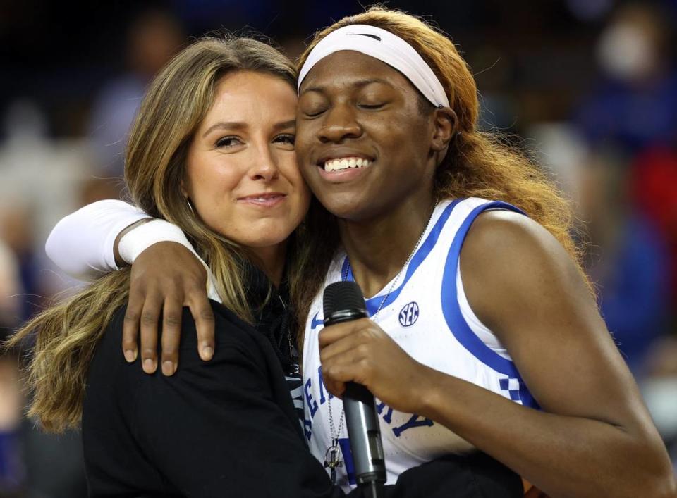 On her Senior Day, former Kentucky star Rhyne Howard, right, hugs teammate and roommate Blair Green.