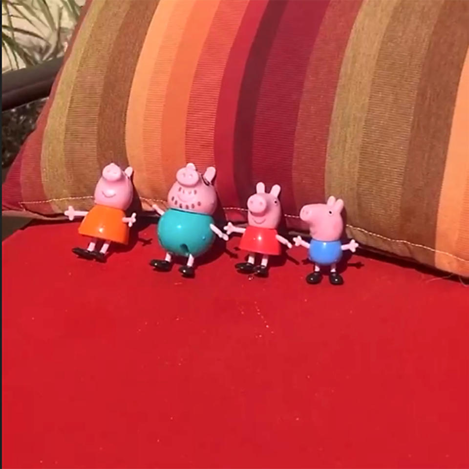 After their dip in the pool, the Peppa Pig toys sunbathe in Mexico. (Courtesy Tanya Zielke)