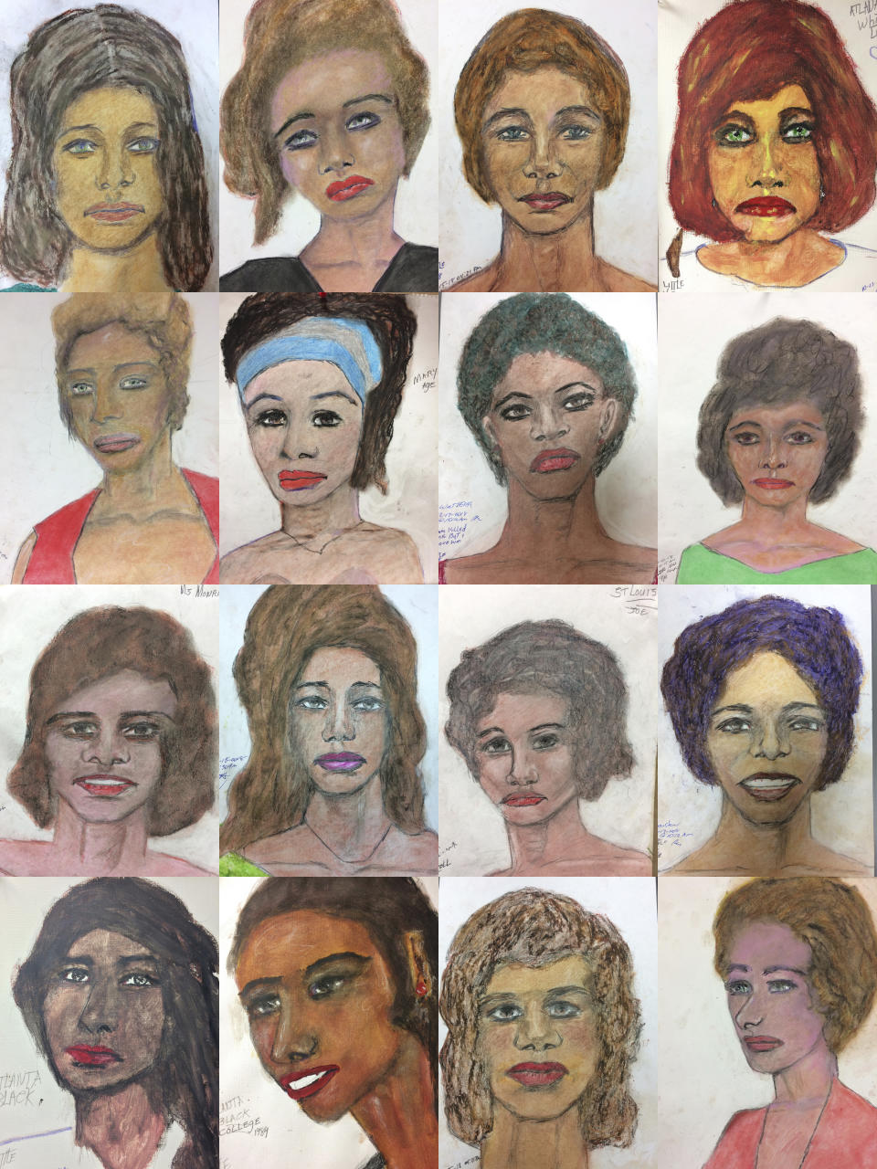 This combination of undated sketches provided by the FBI shows drawings made by admitted serial killer Samuel Little, based on his memories of some of his victims. The bureau updated on Wednesday, Feb. 13, 2019, information it had posted in November on its website. The update included the recent drawings made by Little. The FBI says Little, who's 78, is in poor health and is expected to remain in a Texas prison until death. (Courtesy of FBI via AP)