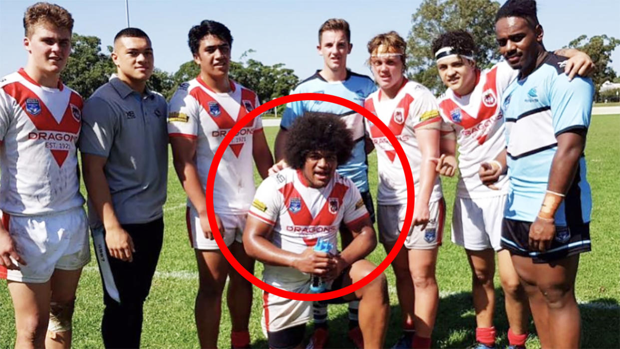 St George Illawarra are mourning the death of rising star Stevenson Upulasi, pictured kneeling in the middle, after he died in a car accident on Monday. Picture: Instagram