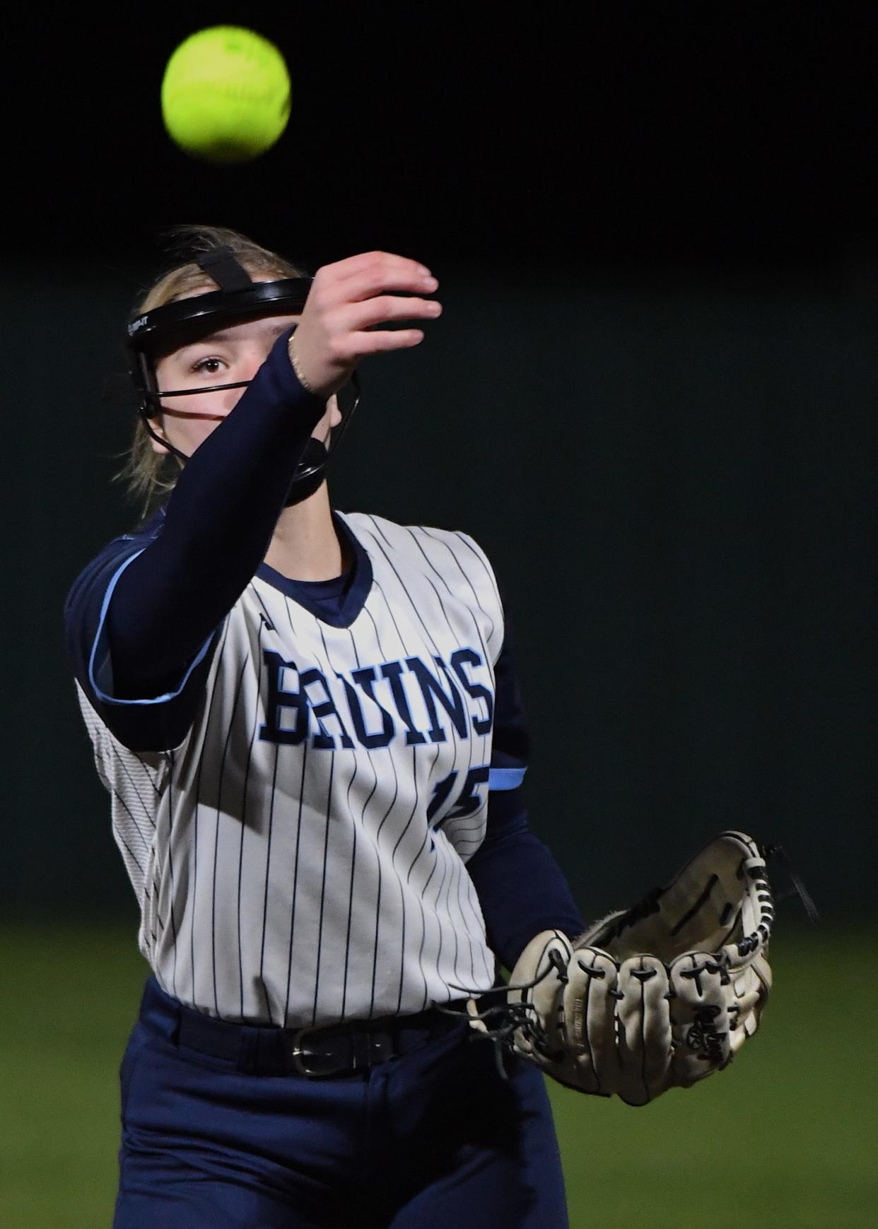 Bartlesville High School's Layla Bloom (15) pitches during slowpitch softball action earlier in the season.