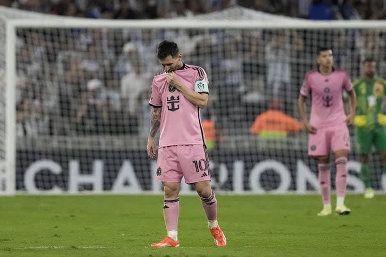 Inter Miami's Lionel Messi reacts after Monterrey's German Berterame scoring his side's second goal during a CONCACAF Champions Cup quarter final second leg soccer match at the BBVA stadium in Monterrey, Mexico, Wednesday, April 10, 2024. (AP Photo/Eduardo Verdugo)