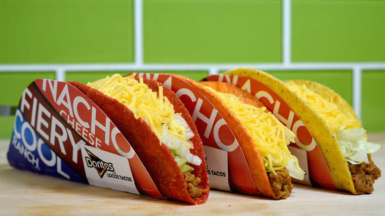 three varieties of doritos locos tacos lined up