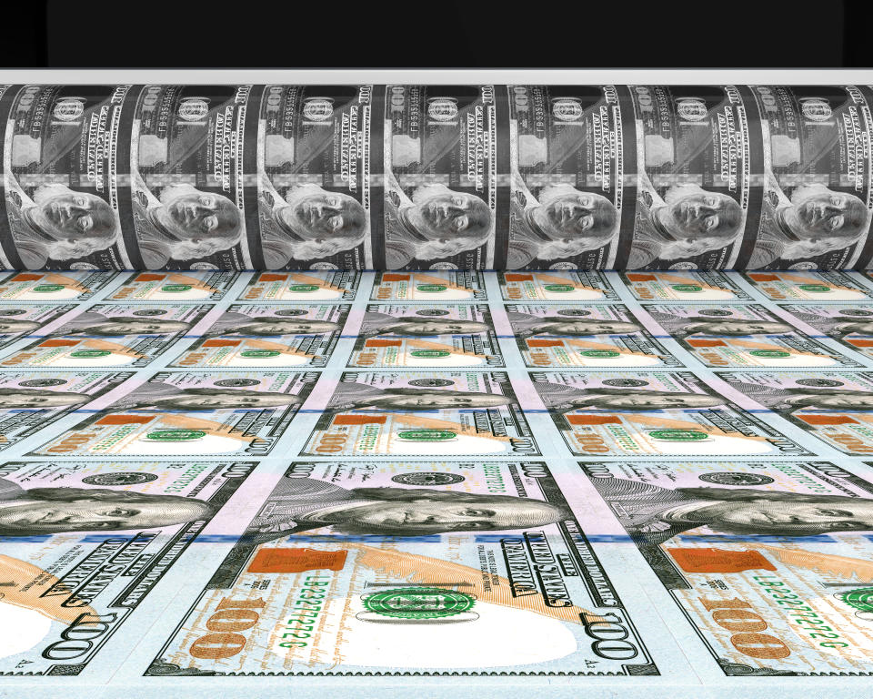 Illustration of US $100 banknotes being printed.