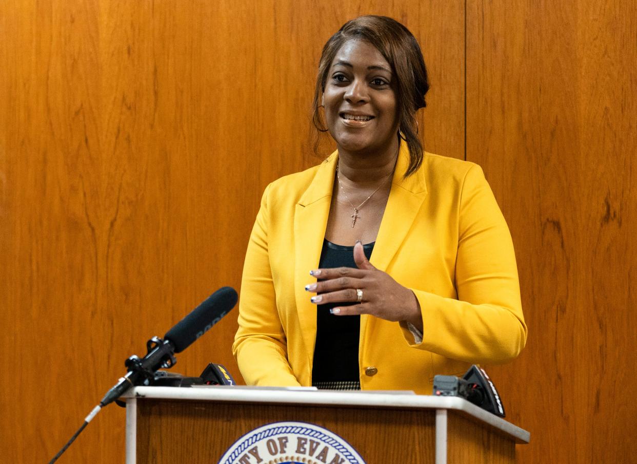 Evansville Mayor Stephanie Terry fields questions during a news conference announcing her administrations plan for their first 100 days in office at the Civic Center in Evansville, Ind., Wednesday, Jan. 3, 2024.