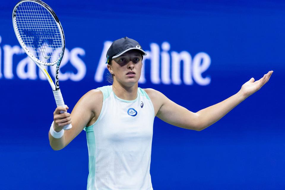 Iga Swiatek, pictured here not happy with the chair umpire in her US Open quarter-final.