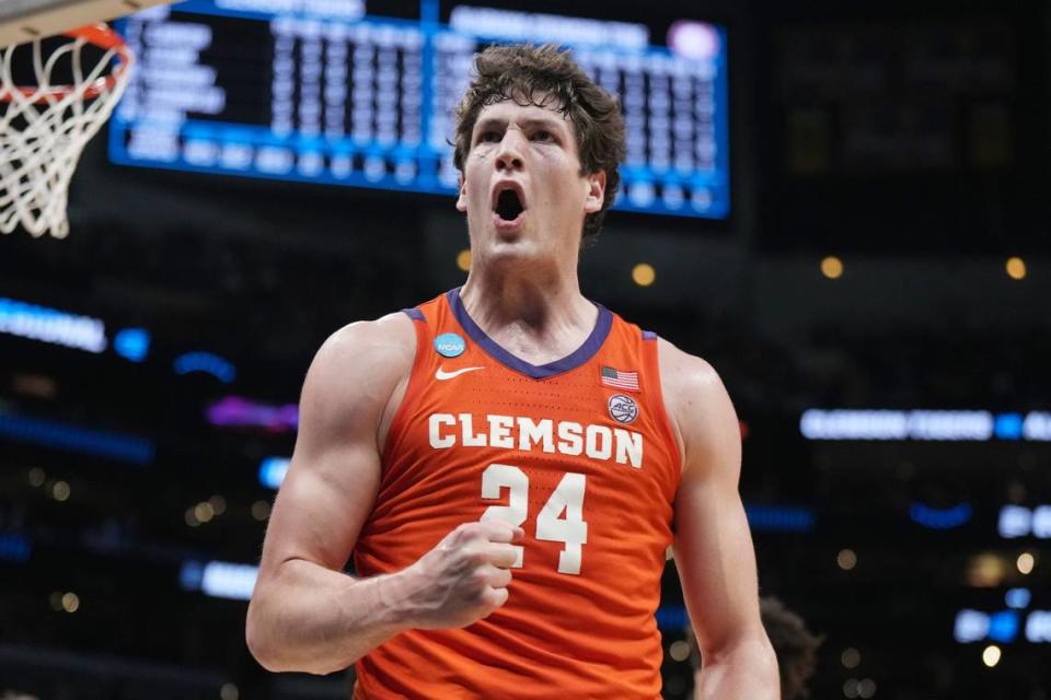 Clemson Tigers center PJ Hall (24) reacts in the second half against the Alabama Crimson Tide in the finals of the West Regional of the 2024 NCAA Tournament at Crypto.com Arena.