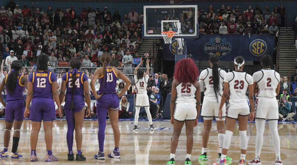South Carolina guard MiLaysia Fulwiley (12) makes a technical foul shot after both teams scuffled on the court, during the fourth quarter of the SEC championship game.