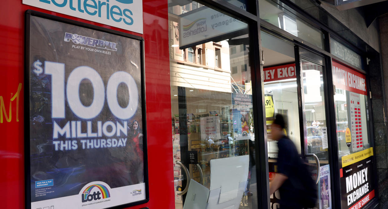 Front of a newsagency selling $100m Powerball tickets for this Thursday.