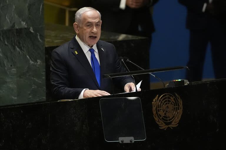 El primer ministro de Israel, Benjamin Netanyahu, se dirige a la 79ª sesión de la Asamblea General de las Naciones Unidas, el viernes 27 de septiembre de 2024.