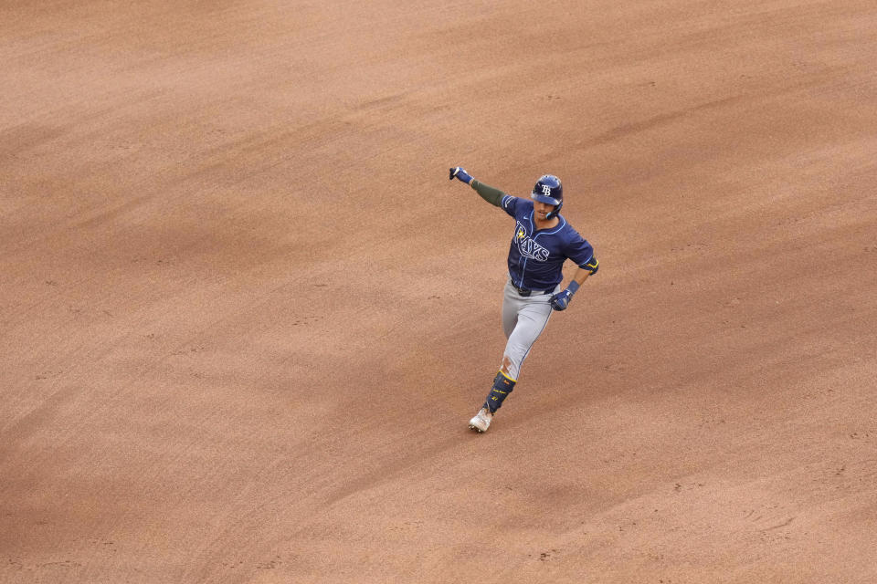 Tampa Bay Rays' Jonny DeLuca rounds the bases after hitting a two-run home in the eighth inning of a baseball game against the Toronto Blue Jays, Saturday, May 18, 2024, in Toronto. (Chris Young/The Canadian Press via AP)