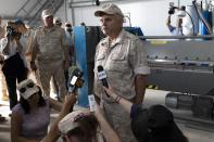 Yevgeny Gushchin, director of the shipyard at the Russian naval facility speaks to foreign journalists in Tartus, Syria, Thursday, Sept. 26, 2019. Russia has a naval base in Tartus, the only such facility it has outside the former Soviet Union. (AP Photo/Alexander Zemlianichenko)