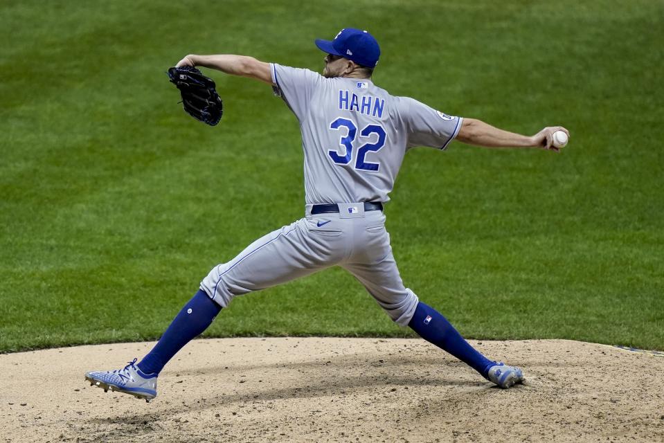 Kansas City Royals relief pitcher Jesse Hahn throws during the seventh inning of a baseball game against the Milwaukee Brewers Saturday, Sept. 19, 2020, in Milwaukee. (AP Photo/Morry Gash)