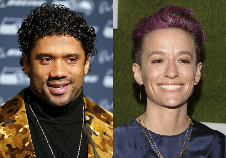 This combination photo shows Seattle Seahawks quarterback Russell Wilson in Santa Clara, Calif., on Nov. 11, 2019, left, and U.S. Women's soccer player Megan Rapinoe at the Sports Illustrated Sportsperson of the Year Awards in New York on Dec. 9, 2019. Wilson and Rapino will host will host The ESPY Awards airing Sunday on ESPN. (AP Photo)
