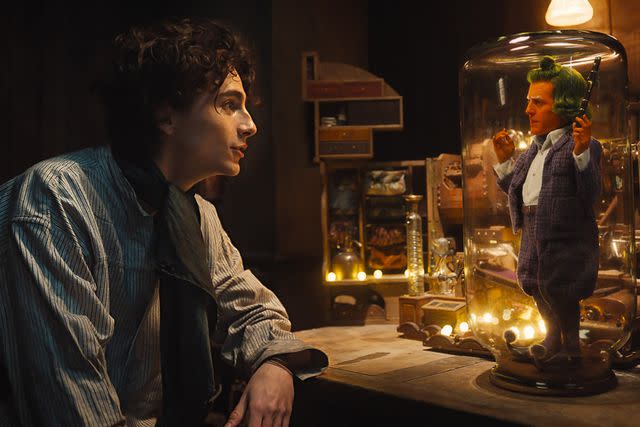 <p>Jaap Buittendijk/Warner Bros.</p> Timothée Chalamet and Hugh Grant in <em>Wonka</em> (2023)