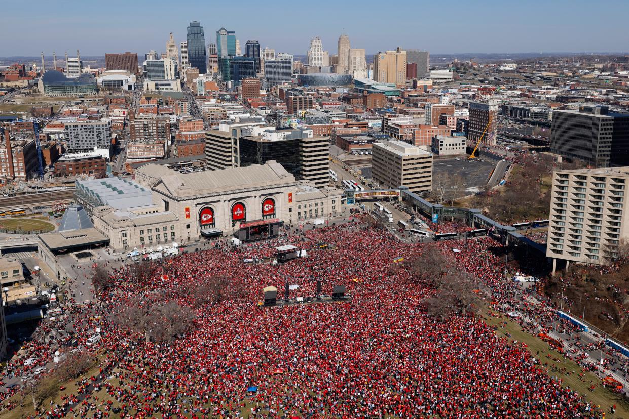 Kansas City Chiefs fans gathered at Union Station during the team's Super Bowl 58 victory parade on Feb. 14, 2024, in Kansas City, Missouri.