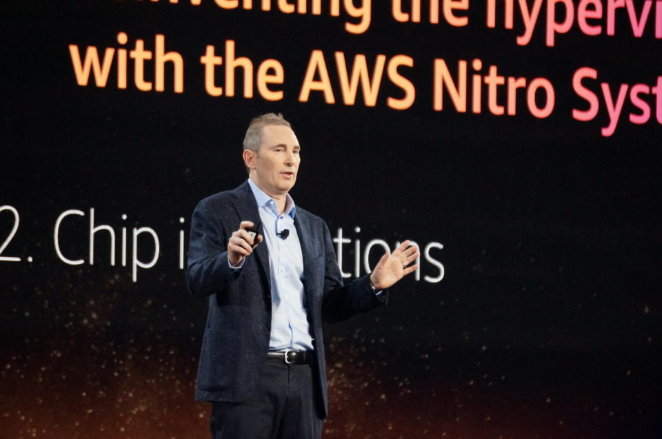 Amazon CEO Andy Jassy discusses the company’s chips at AWS re:Invent in 2019, in his prior role as AWS CEO. (GeekWire File Photo / Todd Bishop)