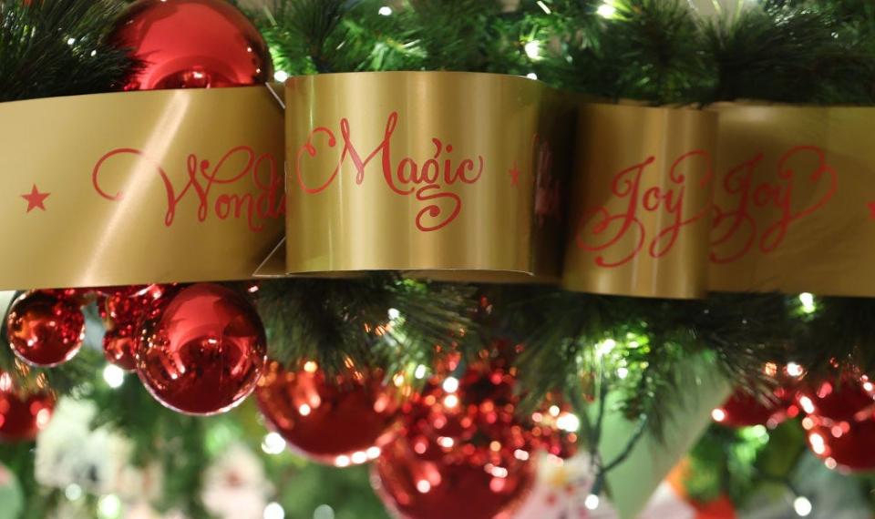 A ribbon that says "Magic, Wonder, Joy" in the 2023 White House Christmas decorations